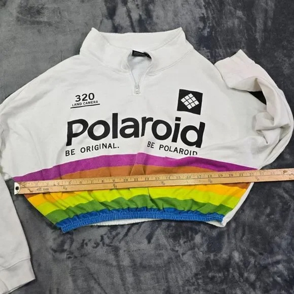 Polaroid Cropped Quarter Zip Sweatshirt Women XL White Rainbow Retro Pride - Picture 5 of 7